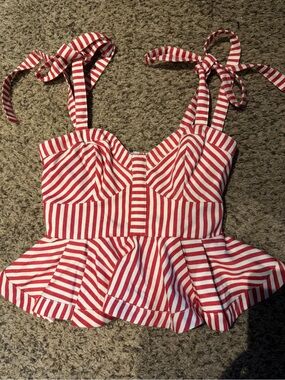 MARBLE Red and White Striped Tie-Shoulder Top